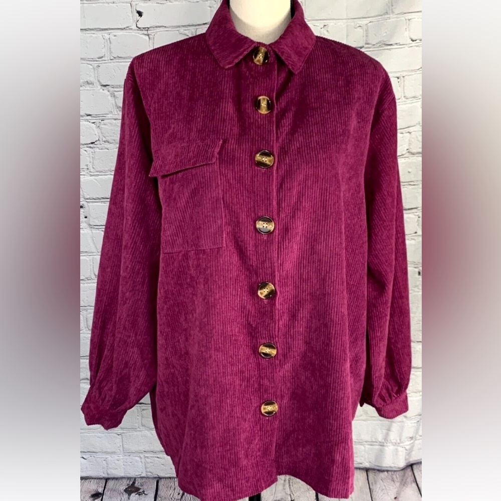 Nasty Gal Burgundy Corduroy Button Front Oversized Shirt Jacket Front Pocket